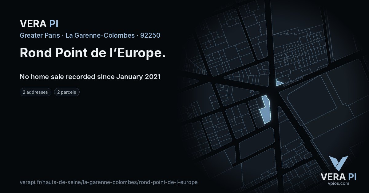 Rond Point de l’Europe, La Garenne-Colombes at night – every parcel coloured by the prices around it, the street's own parcels lit