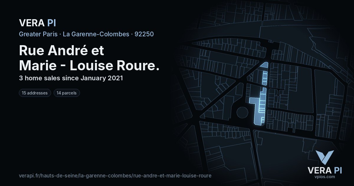 Rue André et Marie - Louise Roure, La Garenne-Colombes at night – every parcel coloured by the prices around it, the street's own parcels lit