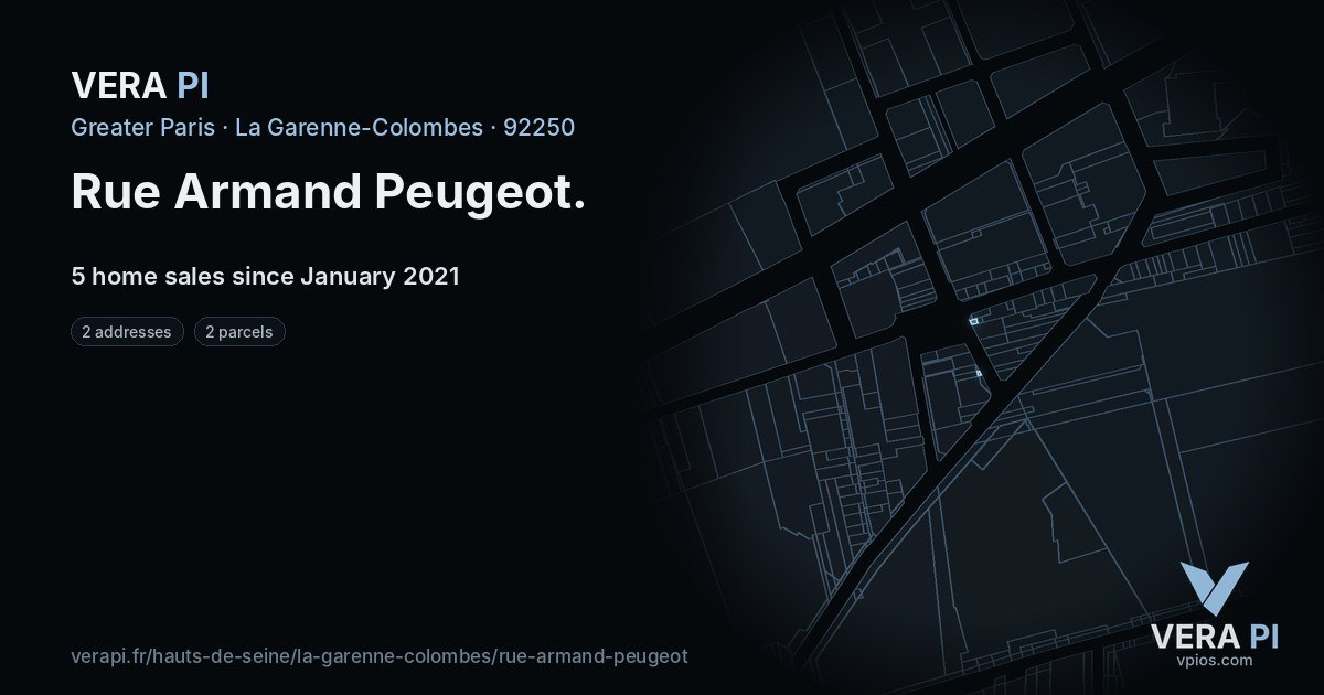 Rue Armand Peugeot, La Garenne-Colombes at night – every parcel coloured by the prices around it, the street's own parcels lit