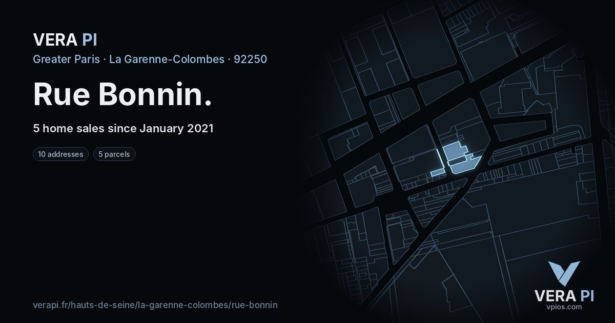 Rue Bonnin, La Garenne-Colombes at night – every parcel coloured by the prices around it, the street's own parcels lit