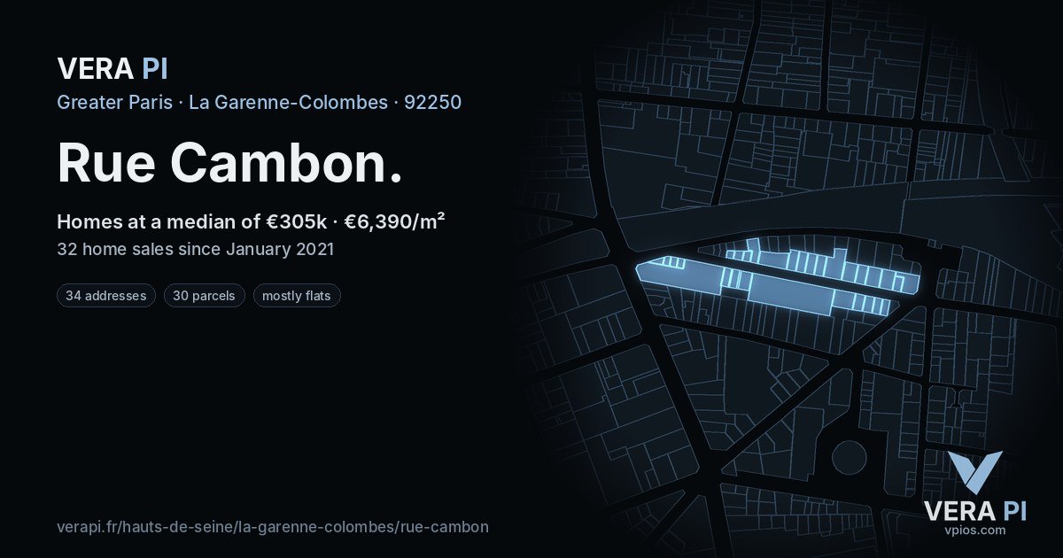 Rue Cambon, La Garenne-Colombes at night – every parcel coloured by the prices around it, the street's own parcels lit