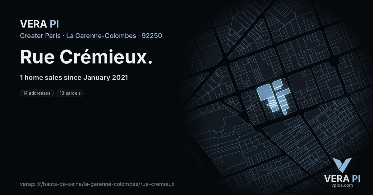 Rue Crémieux, La Garenne-Colombes at night – every parcel coloured by the prices around it, the street's own parcels lit