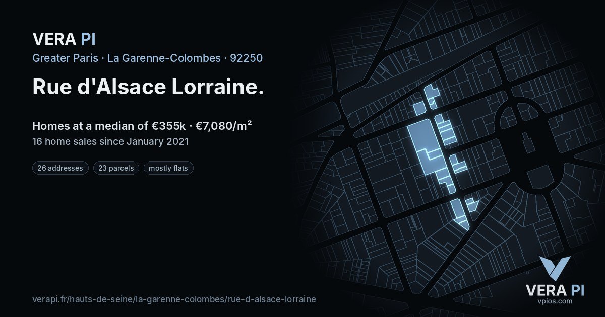 Rue d'Alsace Lorraine, La Garenne-Colombes at night – every parcel coloured by the prices around it, the street's own parcels lit