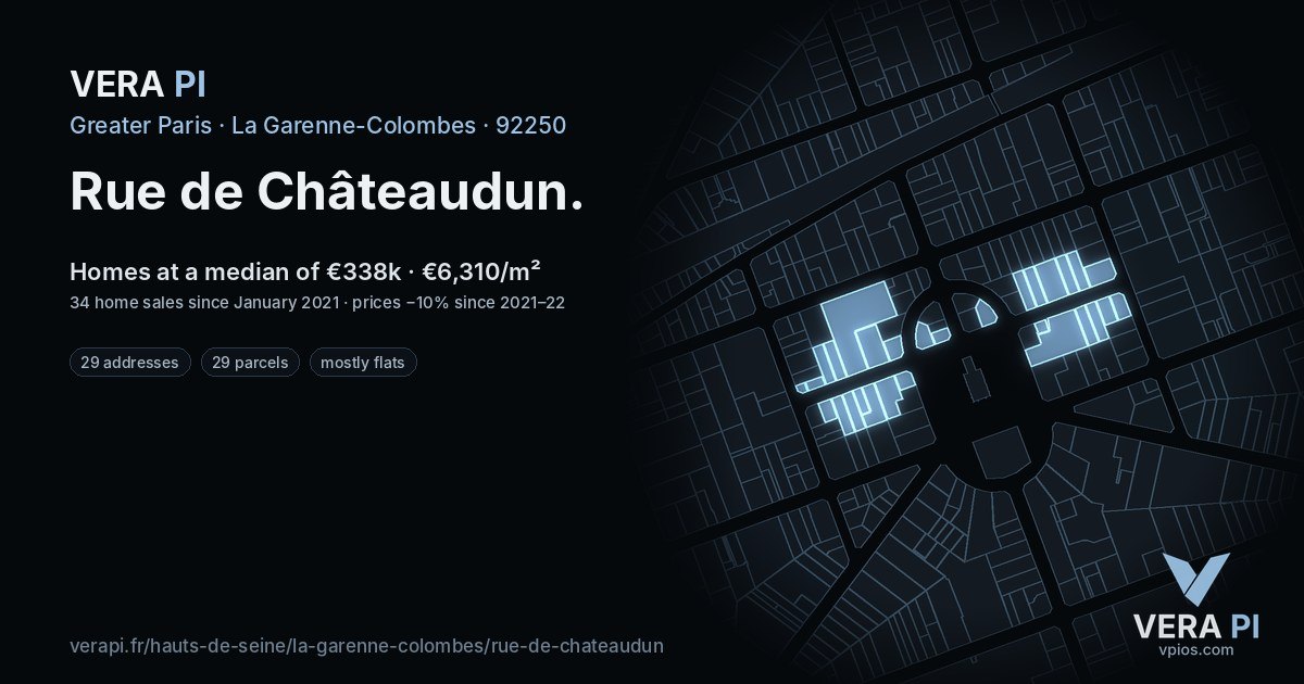 Rue de Châteaudun, La Garenne-Colombes at night – every parcel coloured by the prices around it, the street's own parcels lit