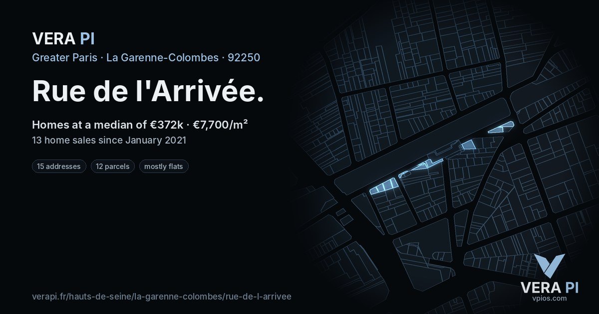 Rue de l'Arrivée, La Garenne-Colombes at night – every parcel coloured by the prices around it, the street's own parcels lit