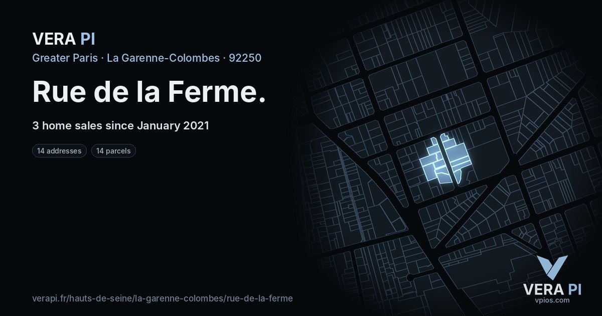 Rue de la Ferme, La Garenne-Colombes at night – every parcel coloured by the prices around it, the street's own parcels lit