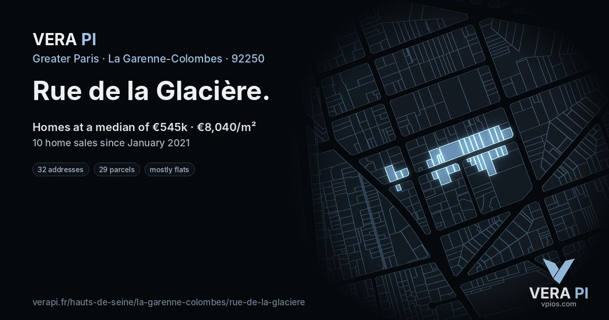 Rue de la Glacière, La Garenne-Colombes at night – every parcel coloured by the prices around it, the street's own parcels lit