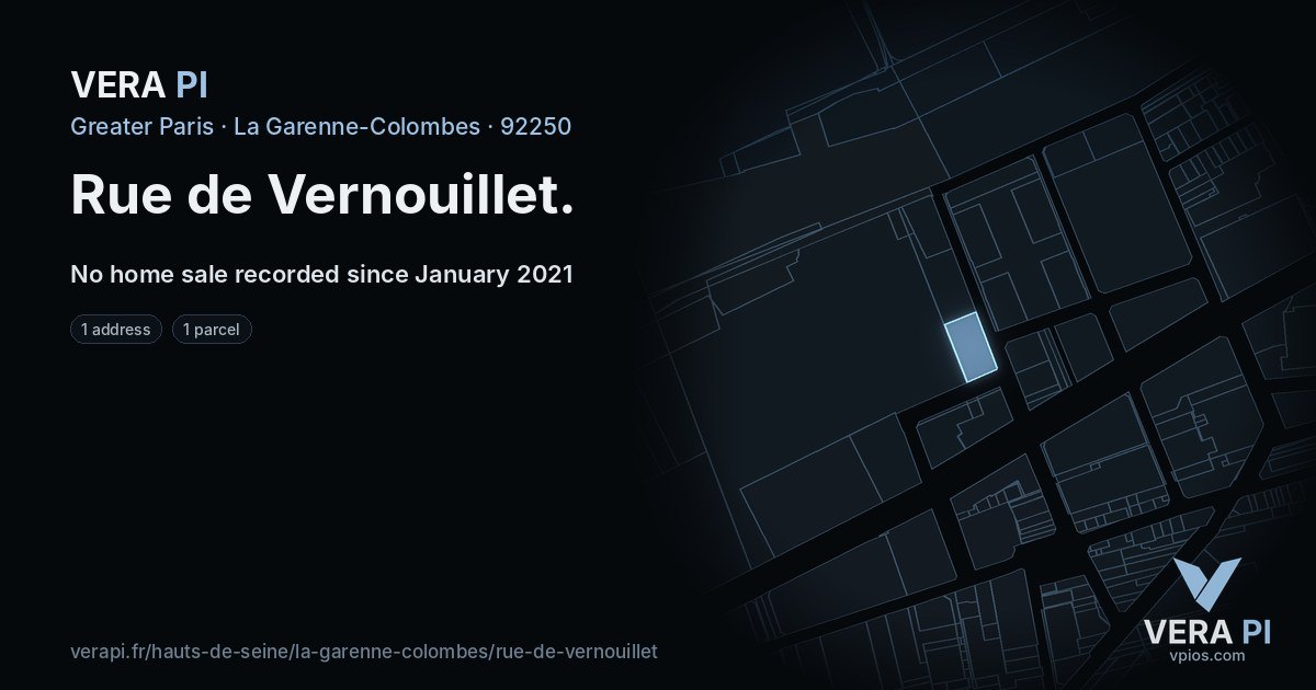 Rue de Vernouillet, La Garenne-Colombes at night – every parcel coloured by the prices around it, the street's own parcels lit