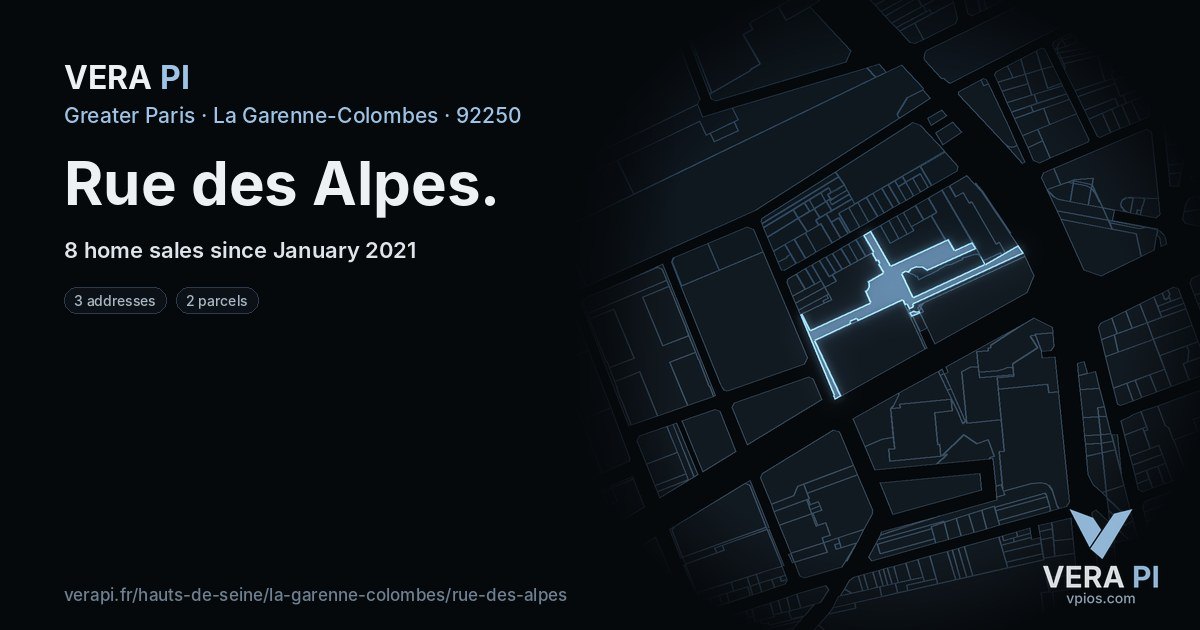 Rue des Alpes, La Garenne-Colombes at night – every parcel coloured by the prices around it, the street's own parcels lit