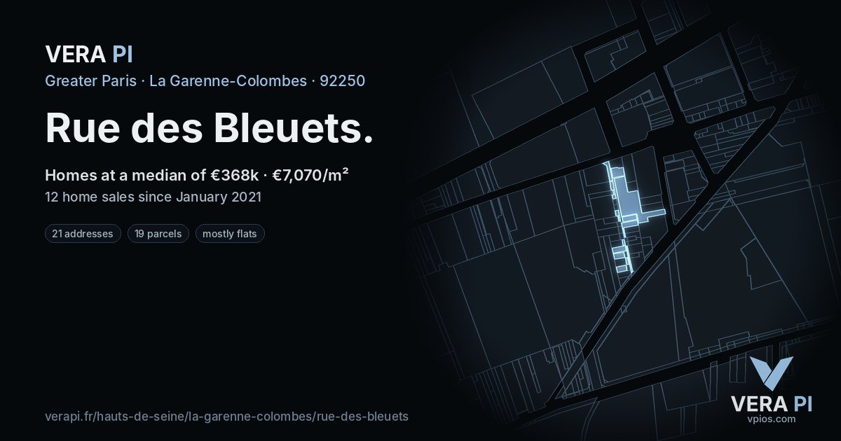 Rue des Bleuets, La Garenne-Colombes at night – every parcel coloured by the prices around it, the street's own parcels lit