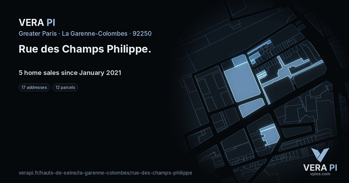 Rue des Champs Philippe, La Garenne-Colombes at night – every parcel coloured by the prices around it, the street's own parcels lit