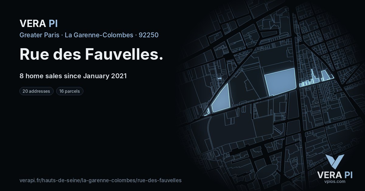 Rue des Fauvelles, La Garenne-Colombes at night – every parcel coloured by the prices around it, the street's own parcels lit