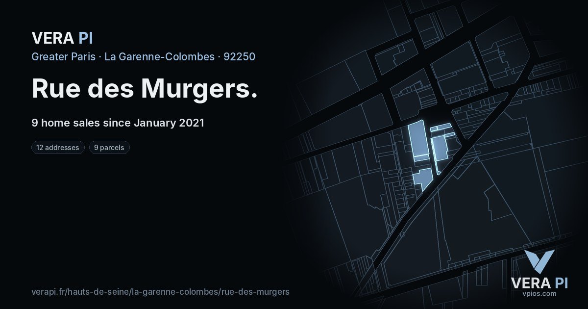 Rue des Murgers, La Garenne-Colombes at night – every parcel coloured by the prices around it, the street's own parcels lit