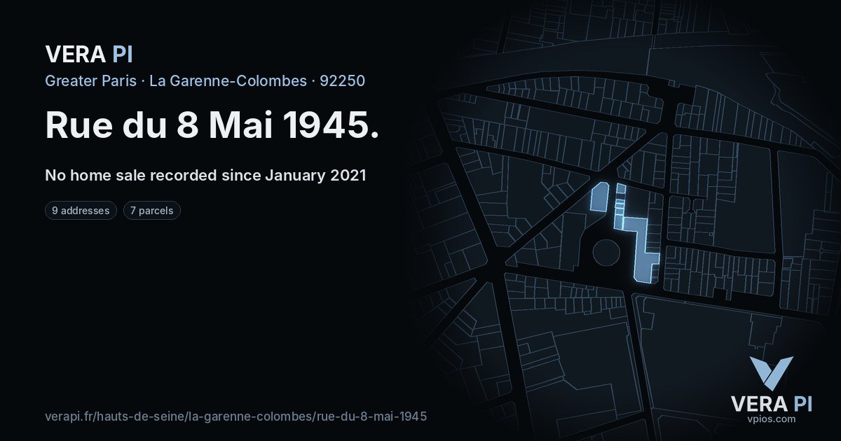 Rue du 8 Mai 1945, La Garenne-Colombes at night – every parcel coloured by the prices around it, the street's own parcels lit