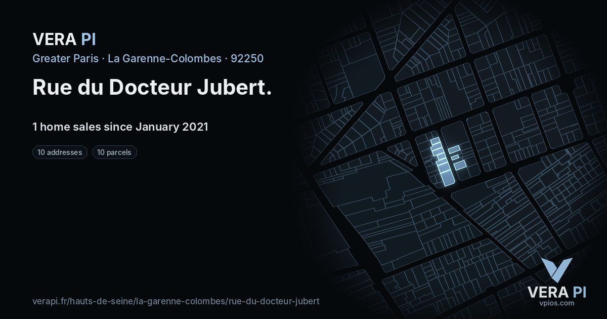 Rue du Docteur Jubert, La Garenne-Colombes at night – every parcel coloured by the prices around it, the street's own parcels lit
