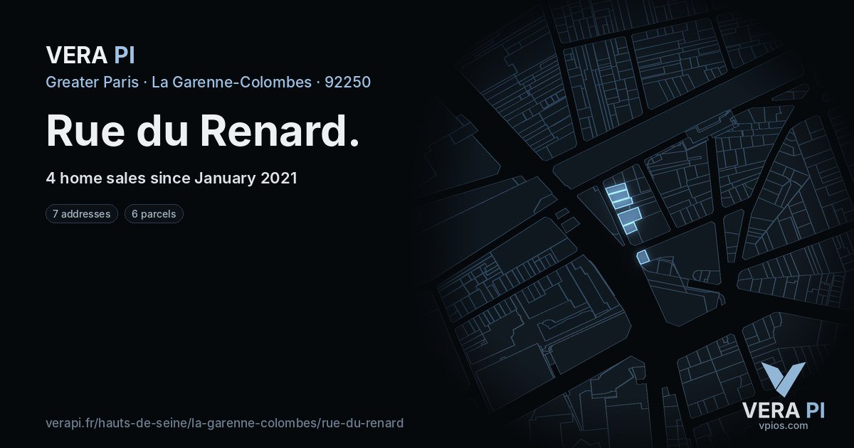 Rue du Renard, La Garenne-Colombes at night – every parcel coloured by the prices around it, the street's own parcels lit