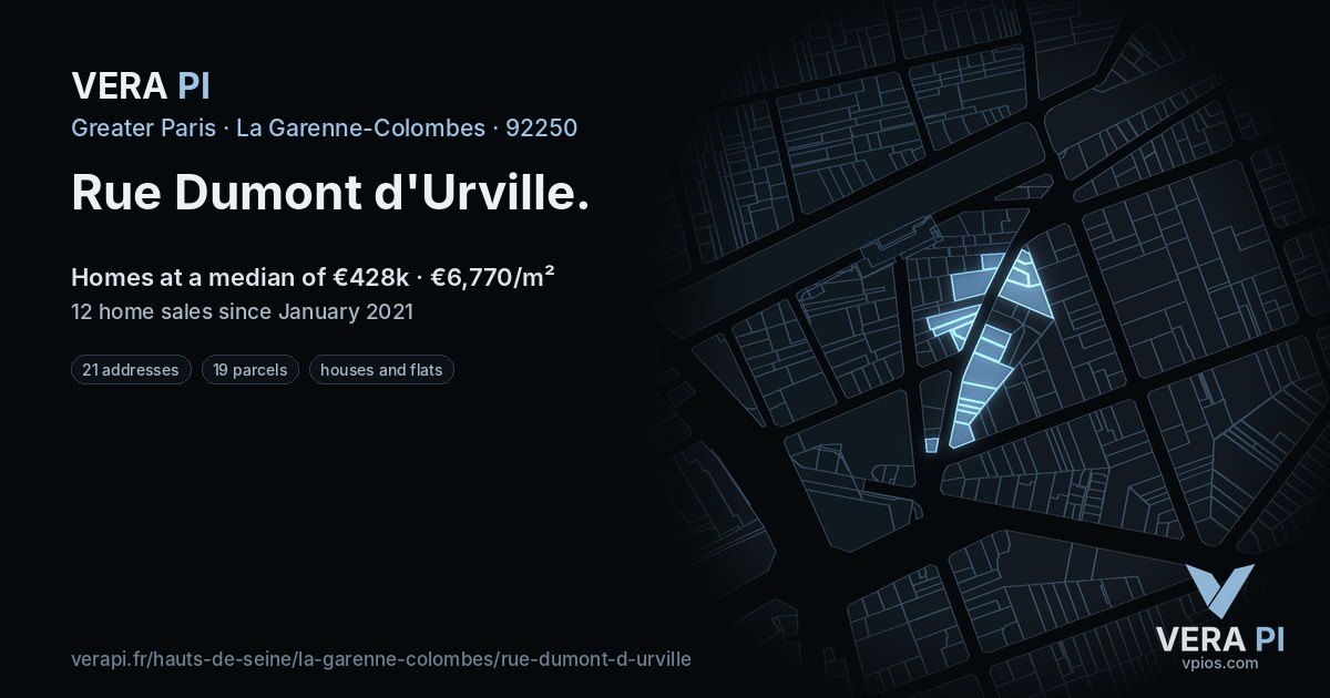 Rue Dumont d'Urville, La Garenne-Colombes at night – every parcel coloured by the prices around it, the street's own parcels lit