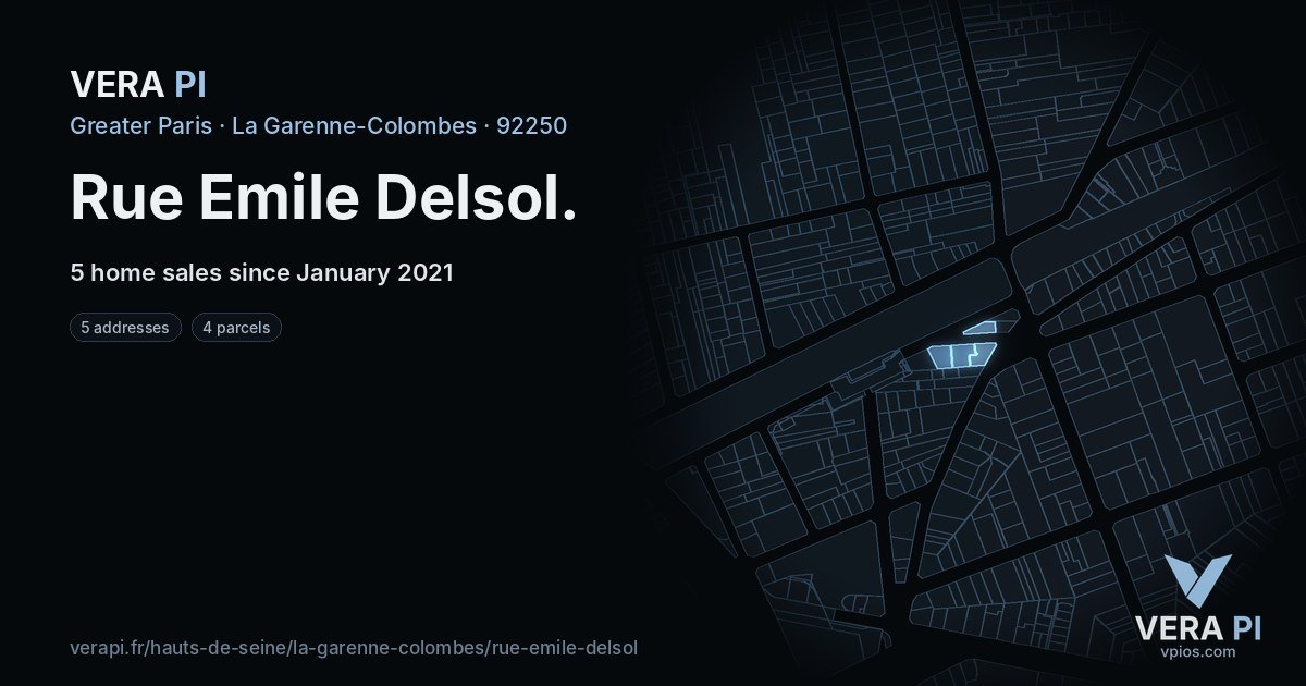 Rue Emile Delsol, La Garenne-Colombes at night – every parcel coloured by the prices around it, the street's own parcels lit