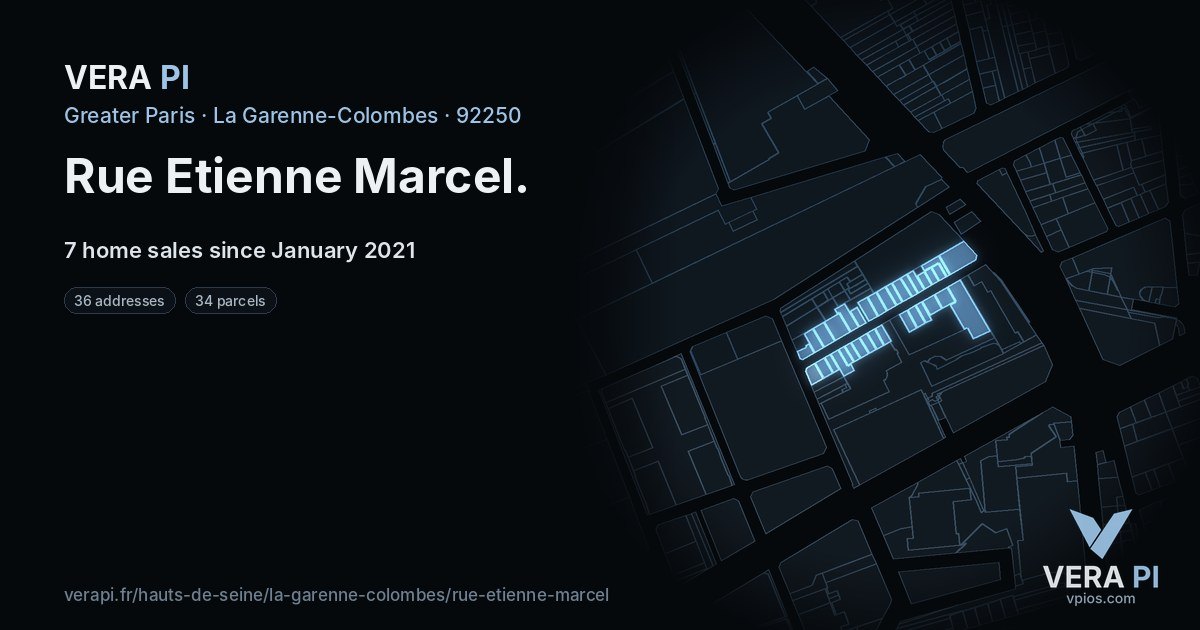 Rue Etienne Marcel, La Garenne-Colombes at night – every parcel coloured by the prices around it, the street's own parcels lit
