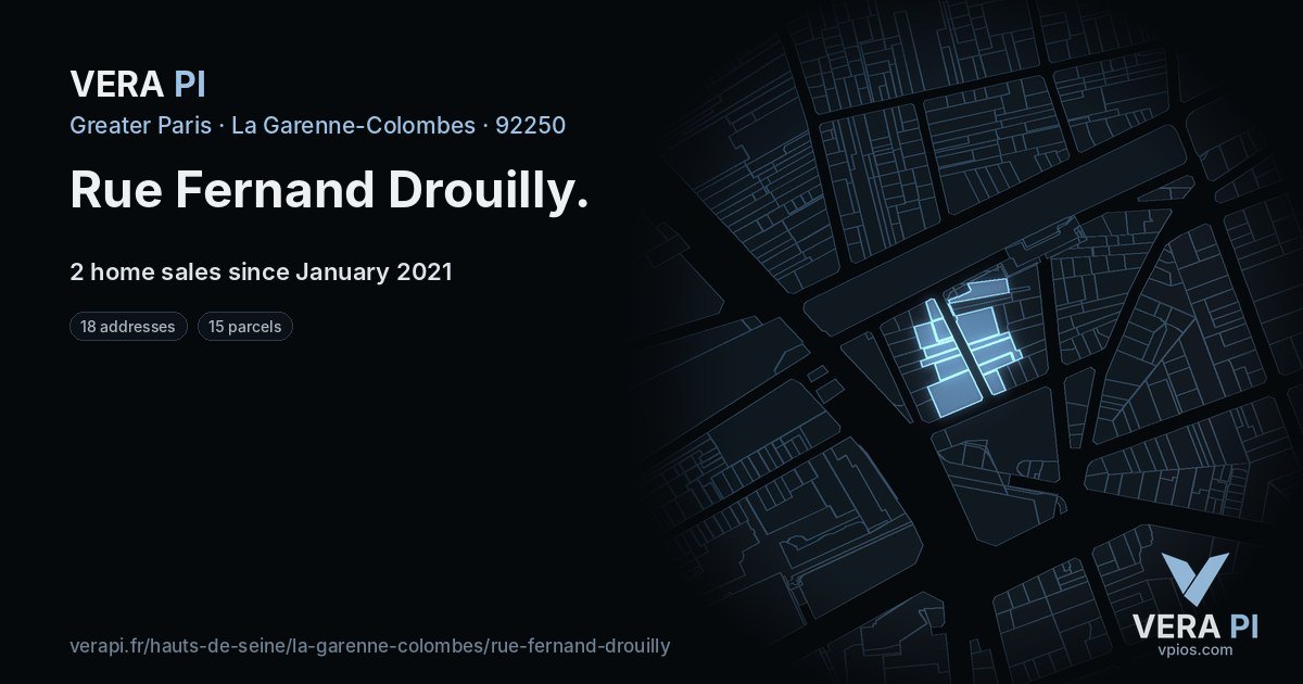 Rue Fernand Drouilly, La Garenne-Colombes at night – every parcel coloured by the prices around it, the street's own parcels lit