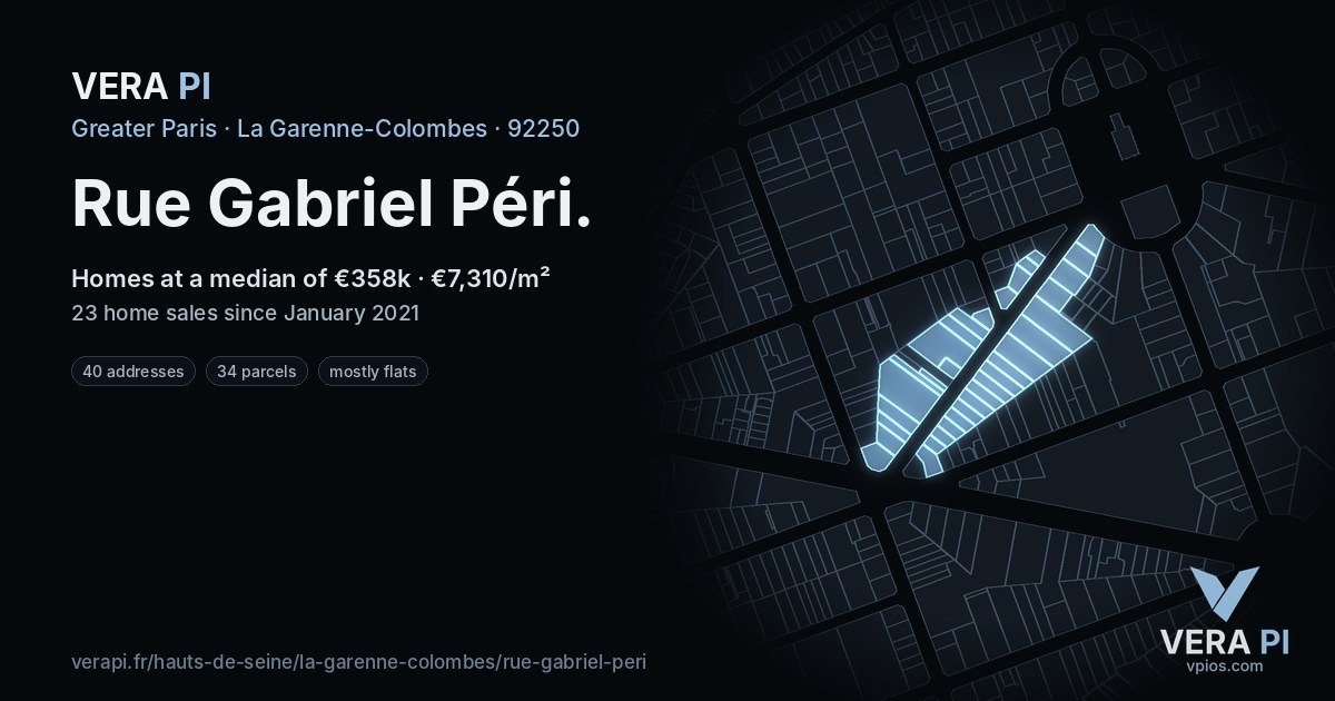 Rue Gabriel Péri, La Garenne-Colombes at night – every parcel coloured by the prices around it, the street's own parcels lit