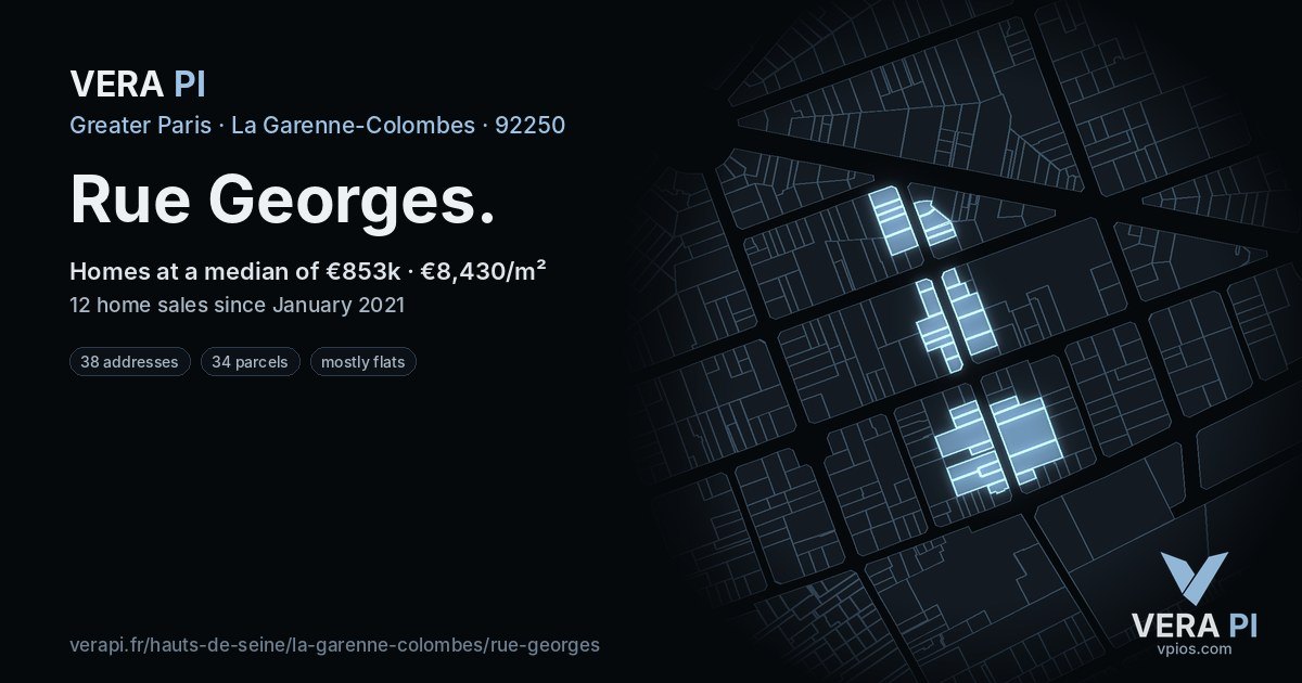 Rue Georges, La Garenne-Colombes at night – every parcel coloured by the prices around it, the street's own parcels lit
