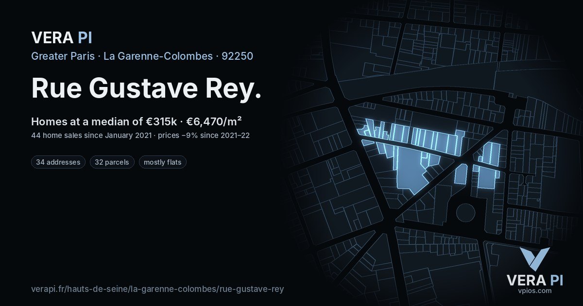 Rue Gustave Rey, La Garenne-Colombes at night – every parcel coloured by the prices around it, the street's own parcels lit