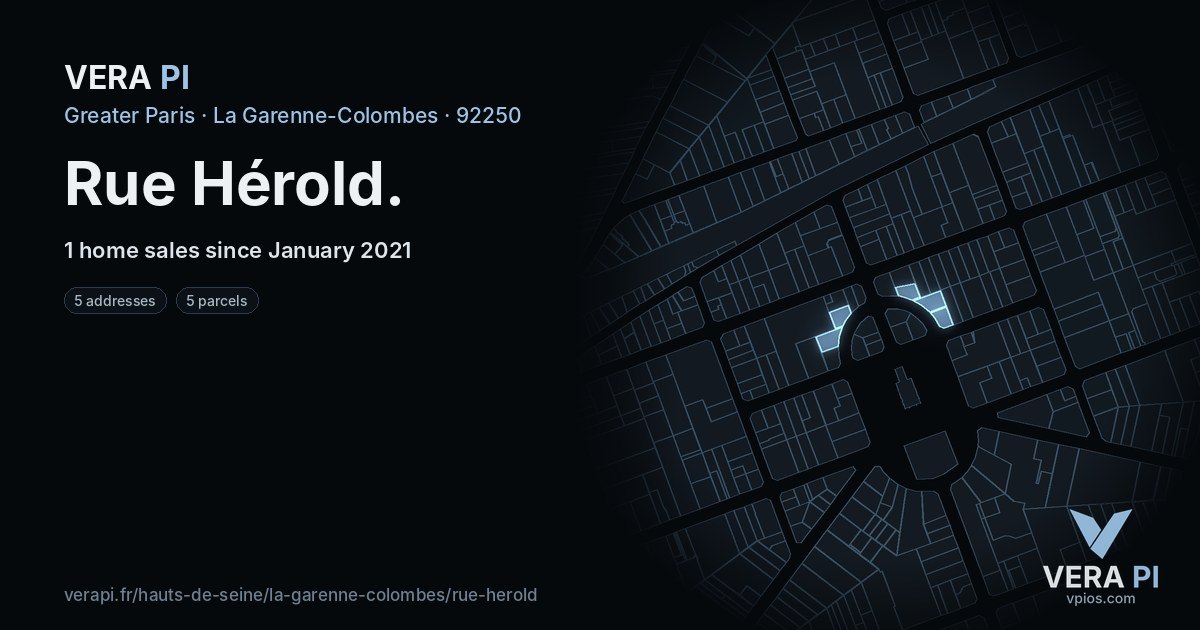 Rue Hérold, La Garenne-Colombes at night – every parcel coloured by the prices around it, the street's own parcels lit