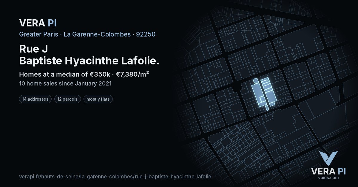Rue J Baptiste Hyacinthe Lafolie, La Garenne-Colombes at night – every parcel coloured by the prices around it, the street's own parcels lit