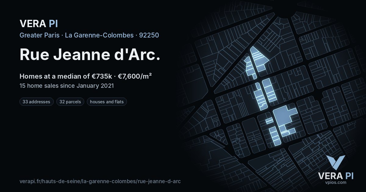 Rue Jeanne d'Arc, La Garenne-Colombes at night – every parcel coloured by the prices around it, the street's own parcels lit