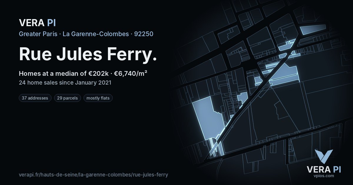 Rue Jules Ferry, La Garenne-Colombes at night – every parcel coloured by the prices around it, the street's own parcels lit
