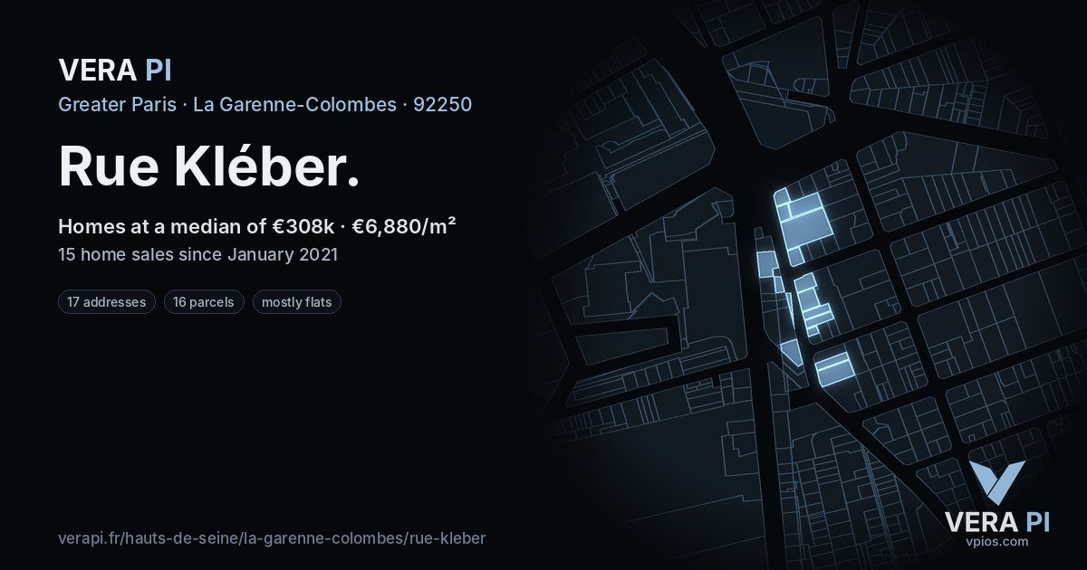 Rue Kléber, La Garenne-Colombes at night – every parcel coloured by the prices around it, the street's own parcels lit