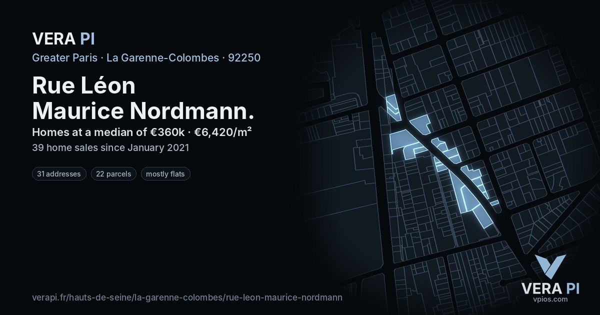 Rue Léon Maurice Nordmann, La Garenne-Colombes at night – every parcel coloured by the prices around it, the street's own parcels lit