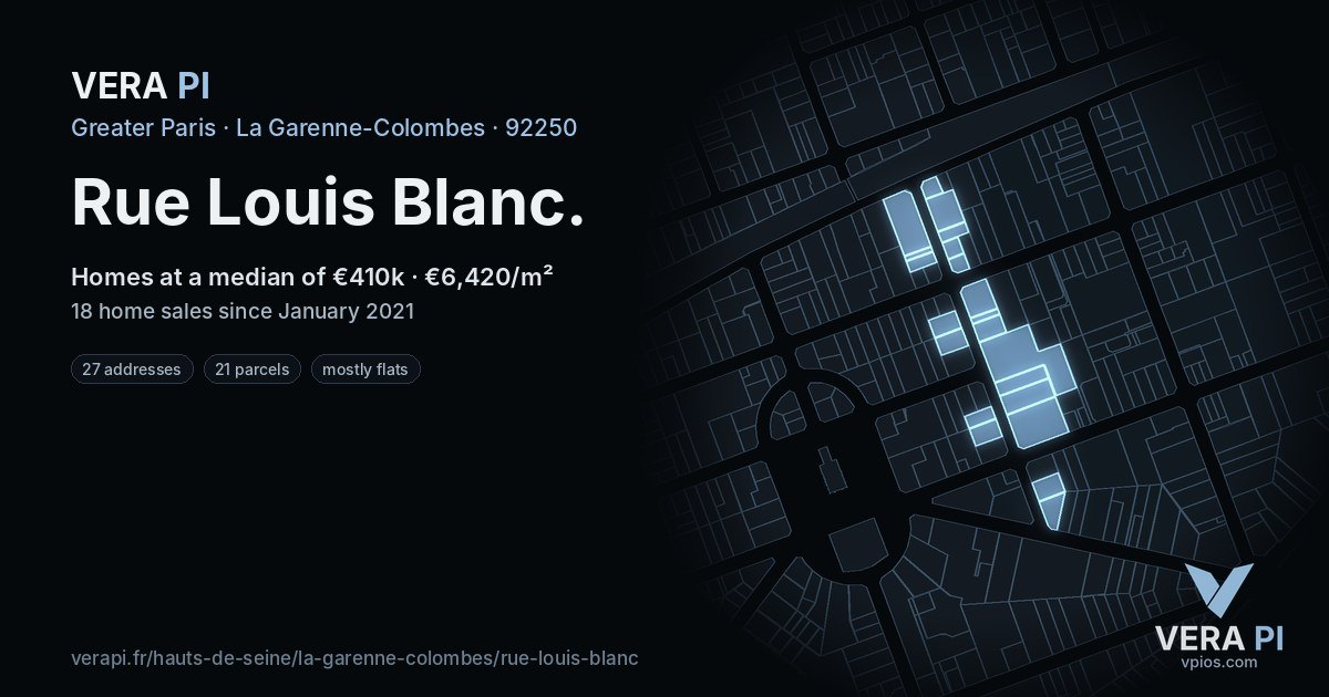 Rue Louis Blanc, La Garenne-Colombes at night – every parcel coloured by the prices around it, the street's own parcels lit