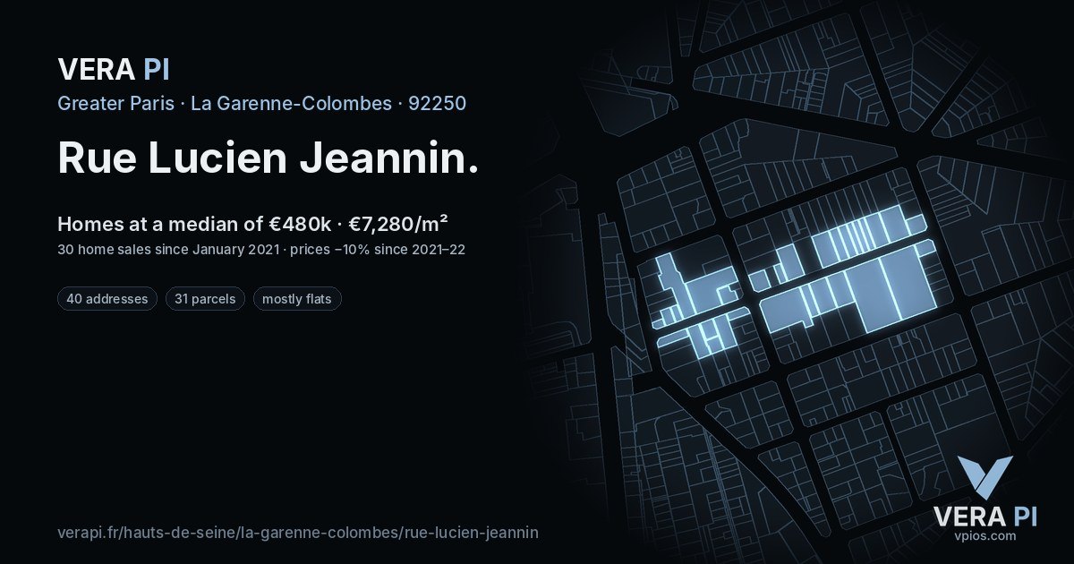 Rue Lucien Jeannin, La Garenne-Colombes at night – every parcel coloured by the prices around it, the street's own parcels lit