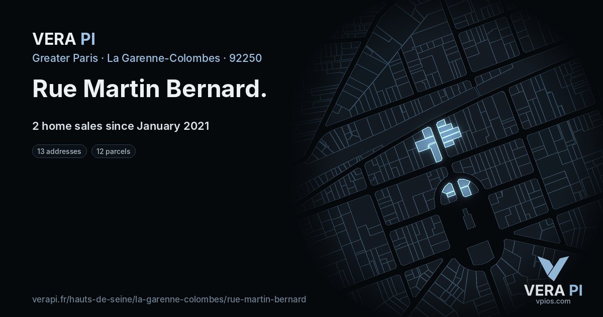 Rue Martin Bernard, La Garenne-Colombes at night – every parcel coloured by the prices around it, the street's own parcels lit