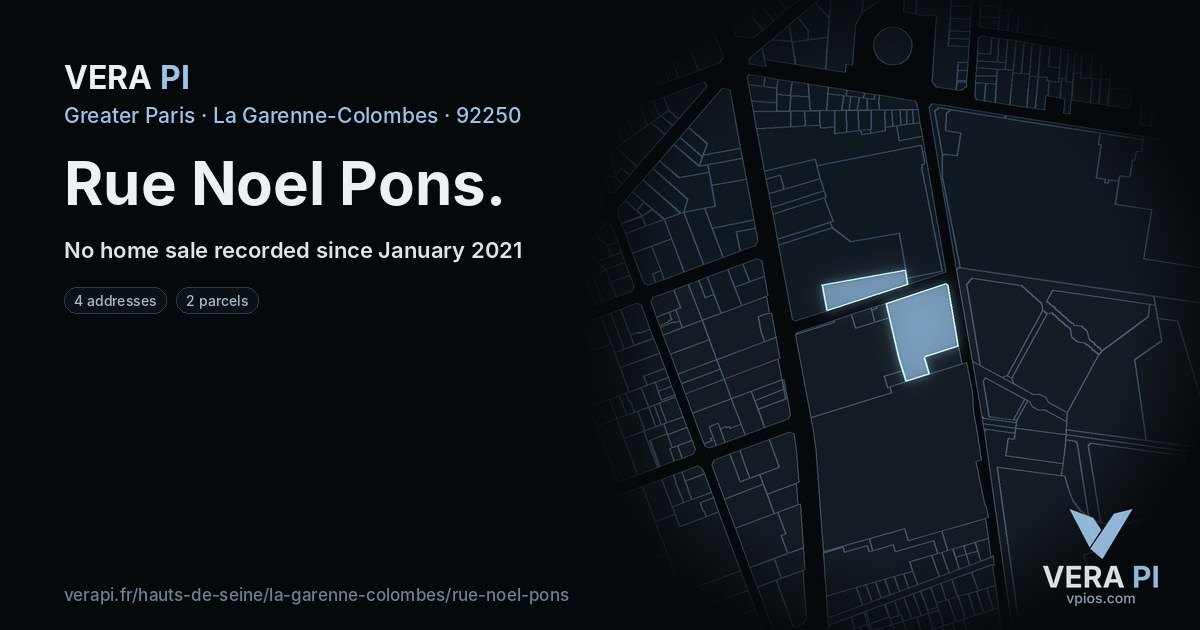 Rue Noel Pons, La Garenne-Colombes at night – every parcel coloured by the prices around it, the street's own parcels lit