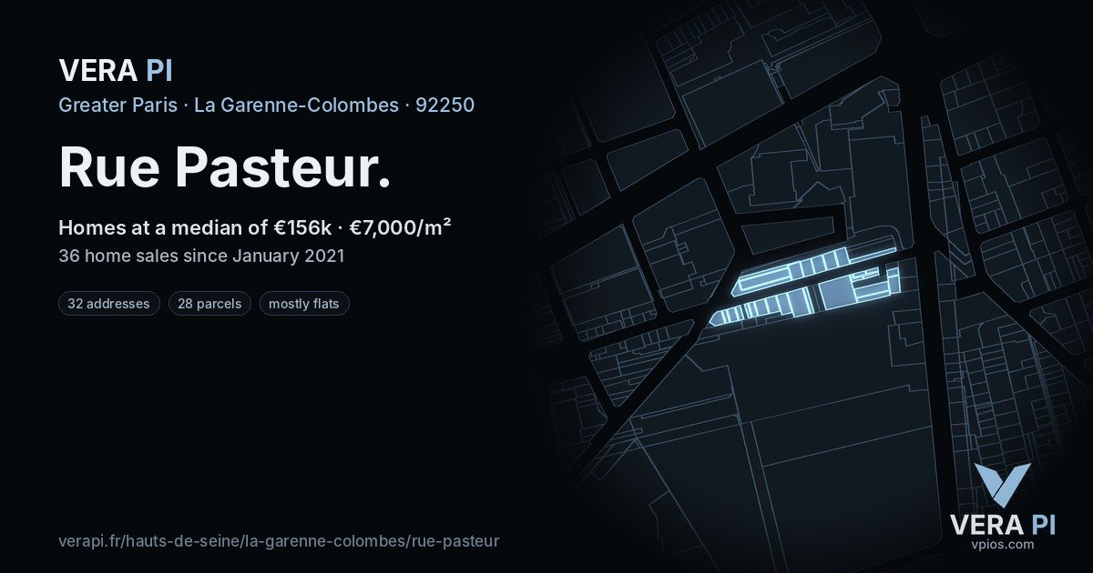 Rue Pasteur, La Garenne-Colombes at night – every parcel coloured by the prices around it, the street's own parcels lit