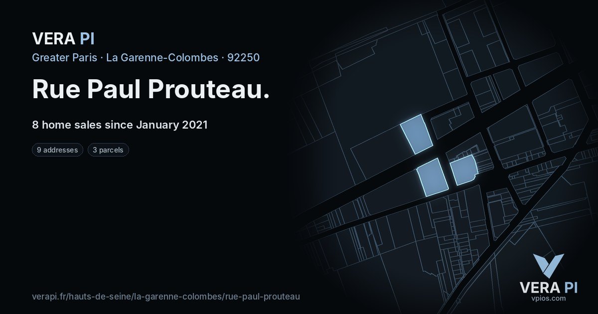 Rue Paul Prouteau, La Garenne-Colombes at night – every parcel coloured by the prices around it, the street's own parcels lit