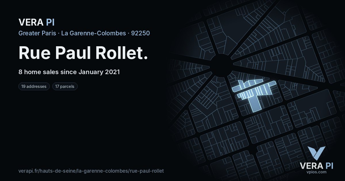 Rue Paul Rollet, La Garenne-Colombes at night – every parcel coloured by the prices around it, the street's own parcels lit