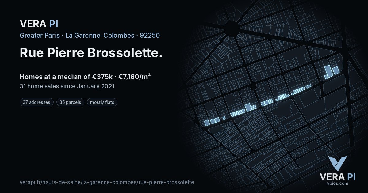 Rue Pierre Brossolette, La Garenne-Colombes at night – every parcel coloured by the prices around it, the street's own parcels lit