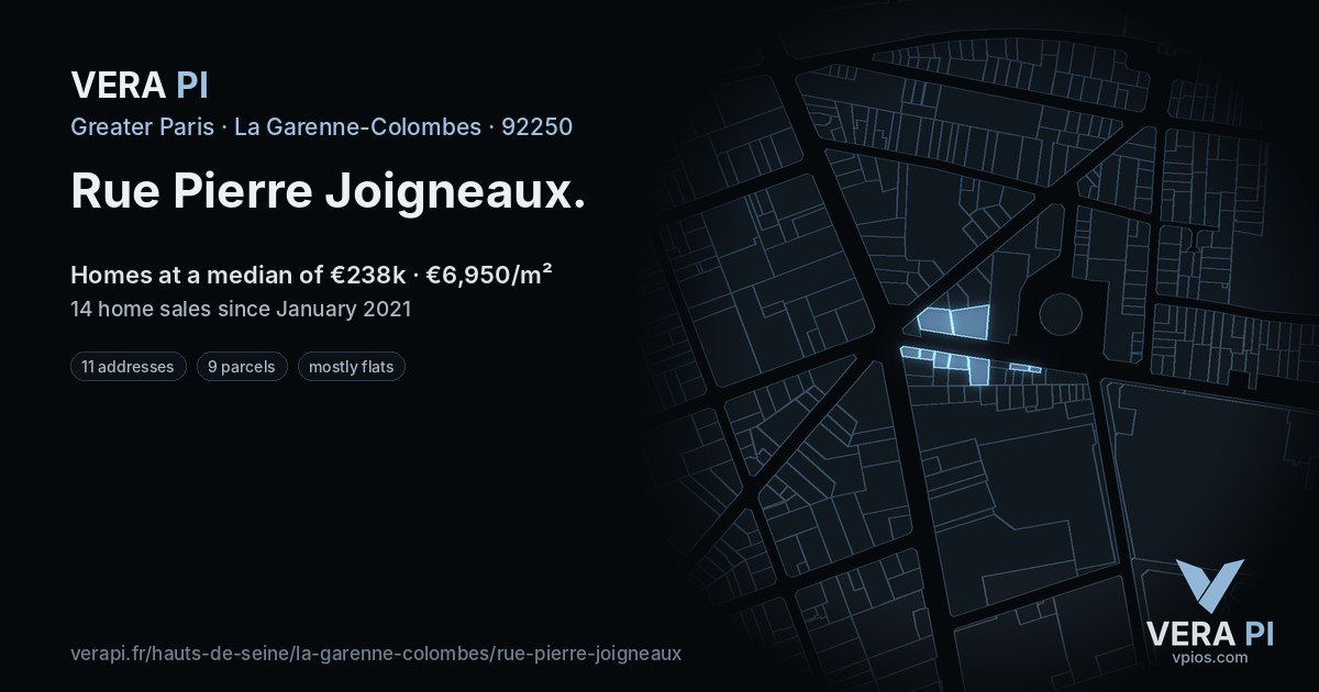 Rue Pierre Joigneaux, La Garenne-Colombes at night – every parcel coloured by the prices around it, the street's own parcels lit