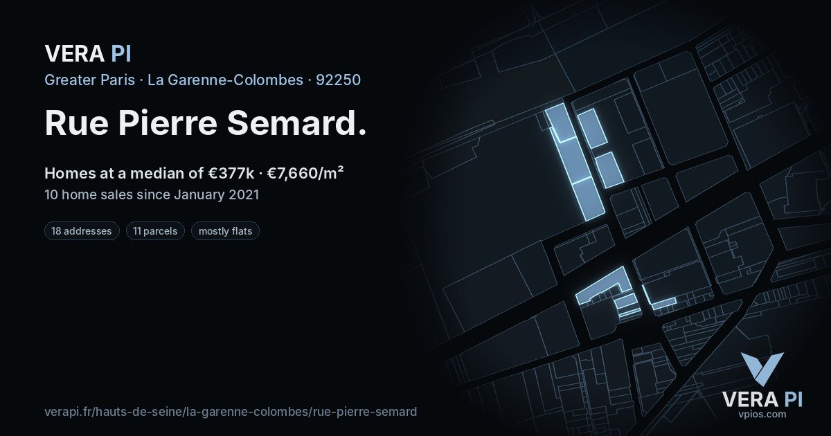 Rue Pierre Semard, La Garenne-Colombes at night – every parcel coloured by the prices around it, the street's own parcels lit