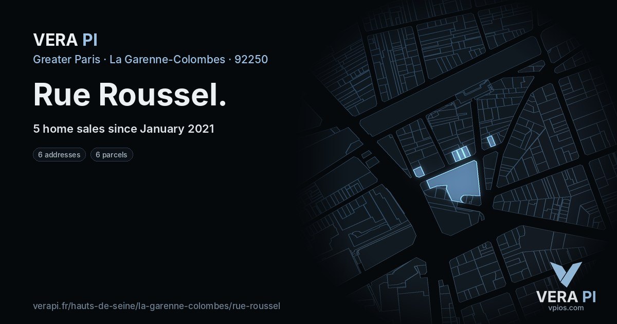 Rue Roussel, La Garenne-Colombes at night – every parcel coloured by the prices around it, the street's own parcels lit