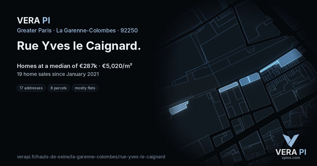 Rue Yves le Caignard, La Garenne-Colombes at night – every parcel coloured by the prices around it, the street's own parcels lit
