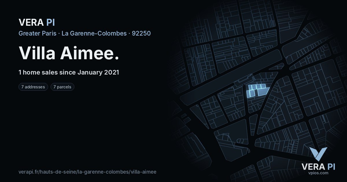 Villa Aimee, La Garenne-Colombes at night – every parcel coloured by the prices around it, the street's own parcels lit