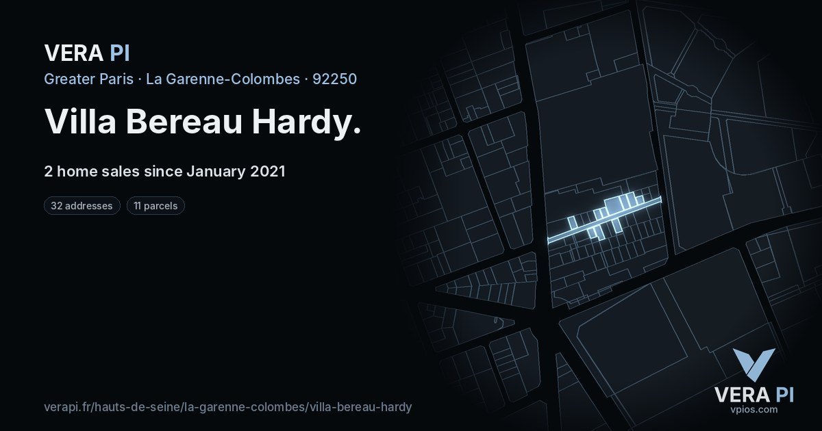 Villa Bereau Hardy, La Garenne-Colombes at night – every parcel coloured by the prices around it, the street's own parcels lit