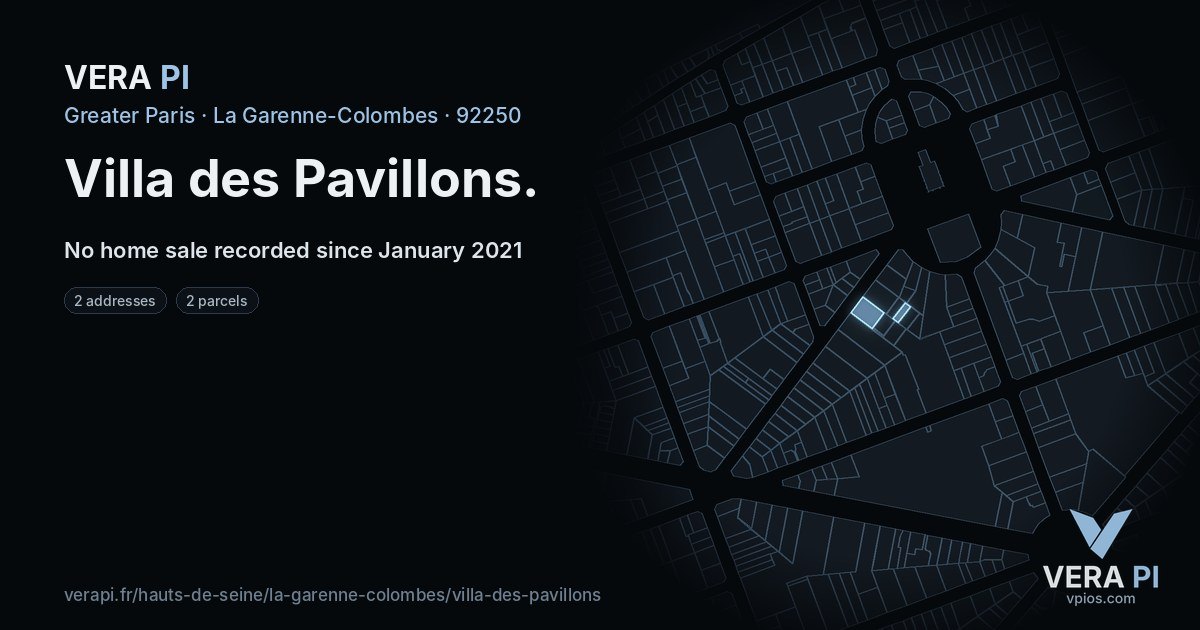 Villa des Pavillons, La Garenne-Colombes at night – every parcel coloured by the prices around it, the street's own parcels lit