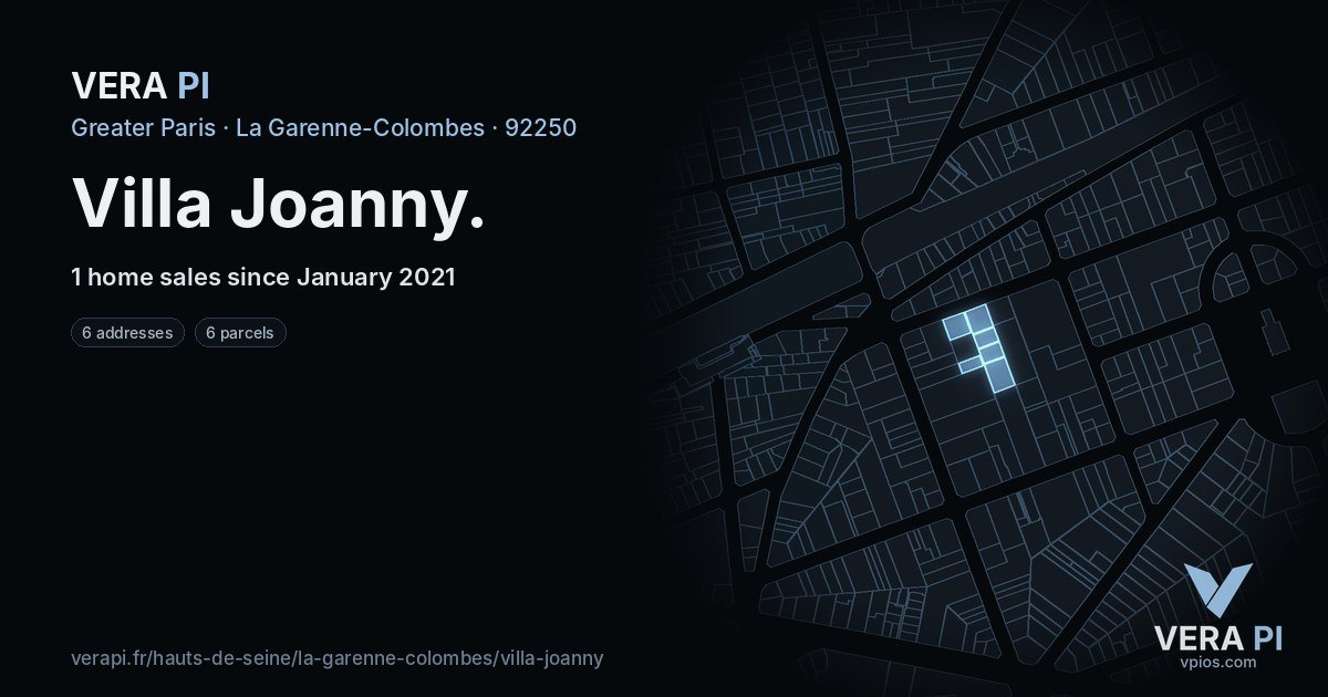 Villa Joanny, La Garenne-Colombes at night – every parcel coloured by the prices around it, the street's own parcels lit