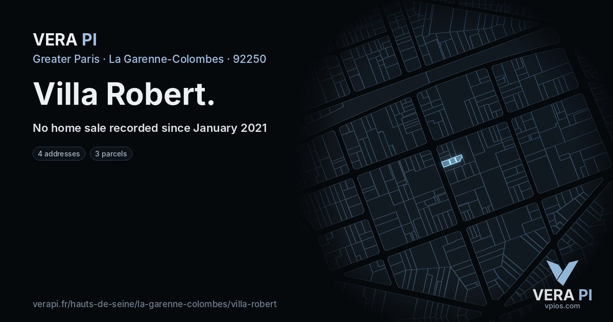 Villa Robert, La Garenne-Colombes at night – every parcel coloured by the prices around it, the street's own parcels lit